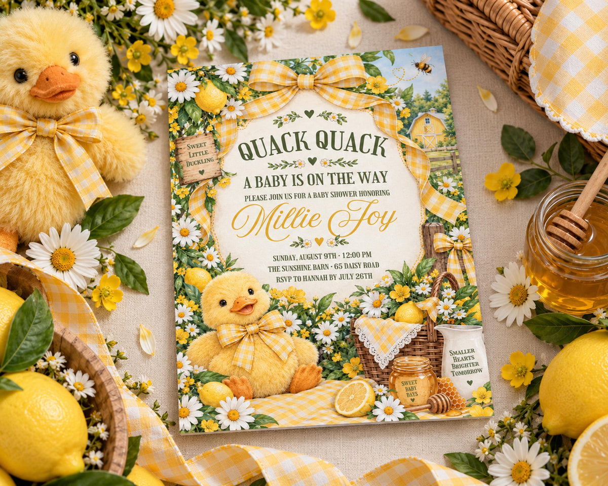 a baby shower invitation with a yellow duck theme, surrounded by flowers, honey, and lemons.