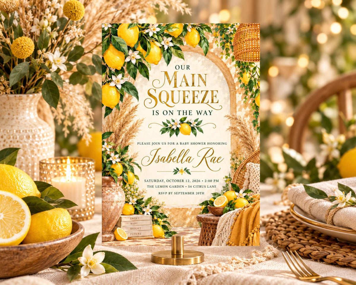 The image is a lemon-themed baby shower invitation featuring a table setting with lemons, flowers, and other decorative elements.