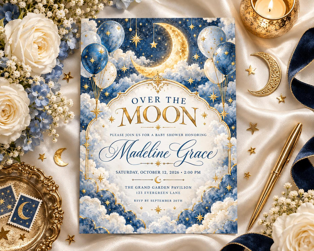 The image is a baby shower invitation featuring a moon and star theme, with white roses and gold accents surrounding it.