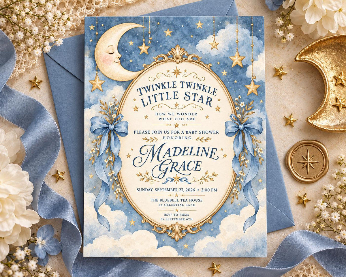 The image is a baby shower invitation featuring a moon and stars theme, with a blue and gold color scheme.