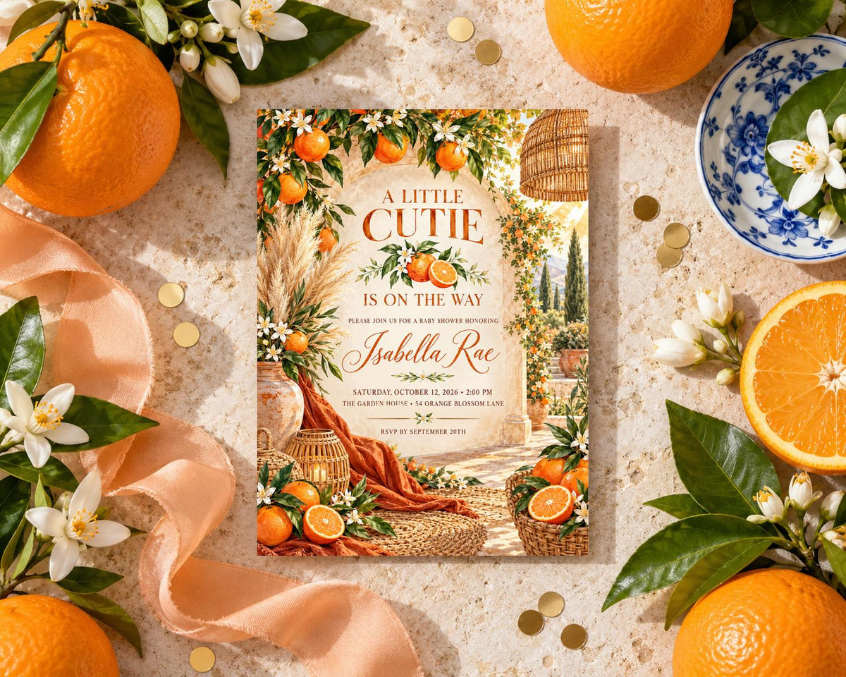 a baby shower invitation with a garden theme, surrounded by oranges, flowers, and a blue and white plate.