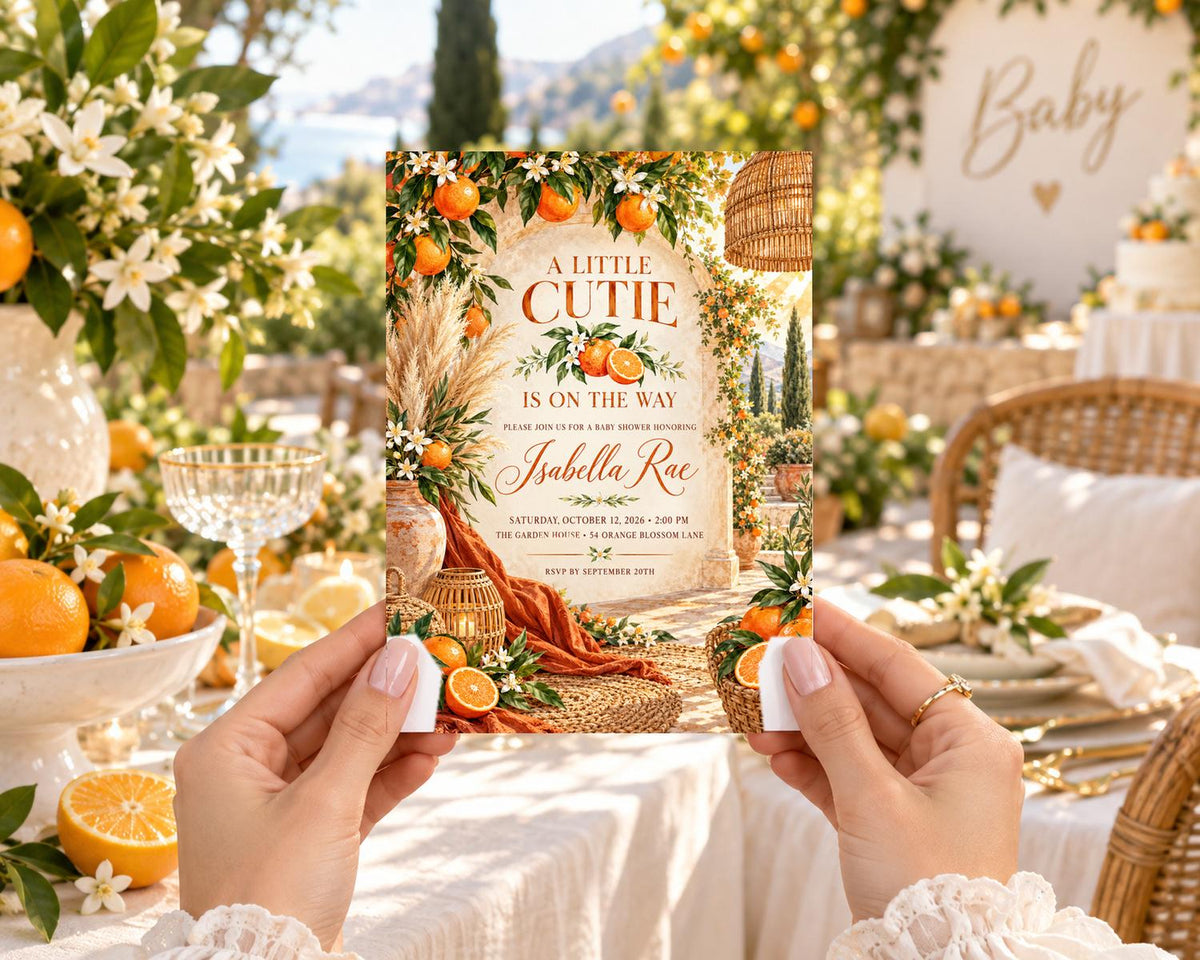 A person's hands holding a baby shower invitation with an orange and white color scheme, featuring illustrations of oranges, flowers, and a basket.