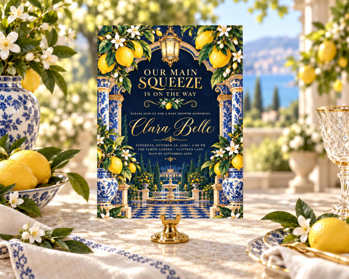 a table setting with a sign that reads "Our main squeeze is on the way" and "Please join us for a barbeque with Clara Belle". The sign is surrounded by decorative elements such as flowers, vases, and a tablecloth.