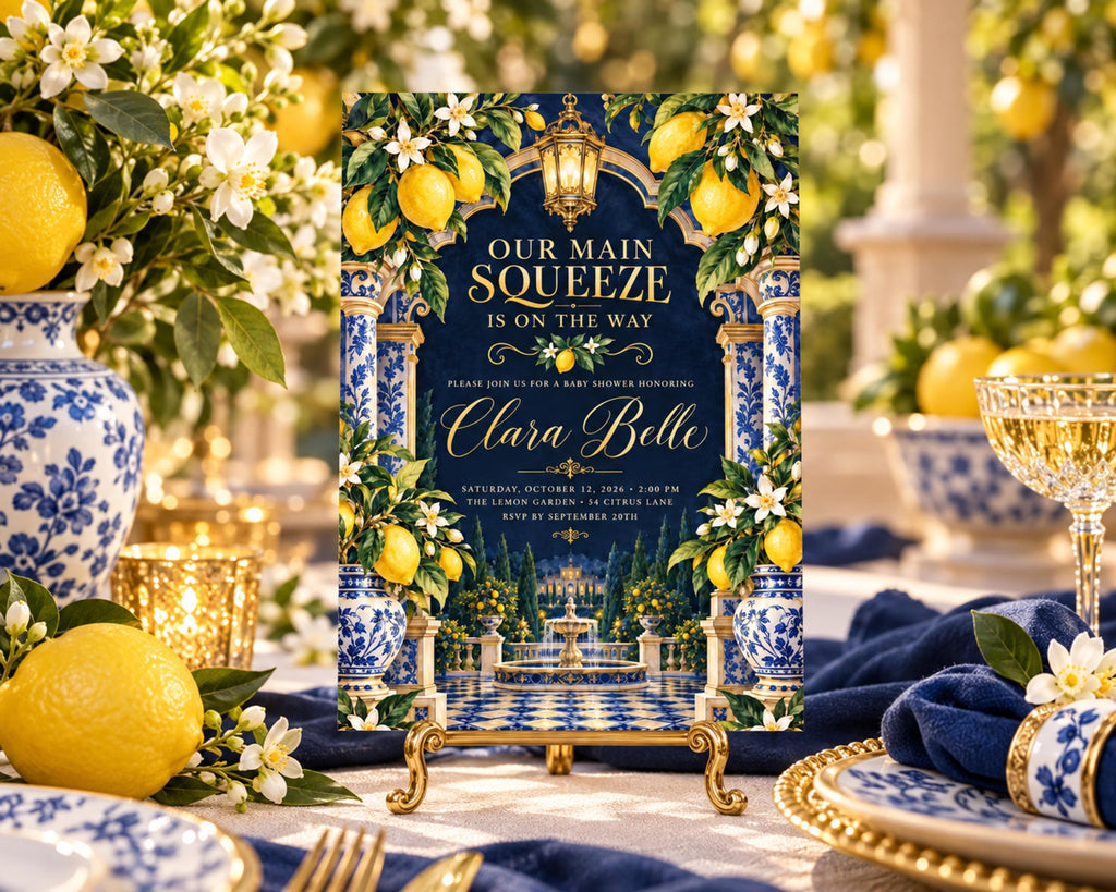 a table setting with a blue and white tablecloth, a vase of flowers, and a wine glass. The centerpiece is a sign that reads "Our Main Squeeze is on the Way" and "Please join us for a baby shower honoring Clara Belle".