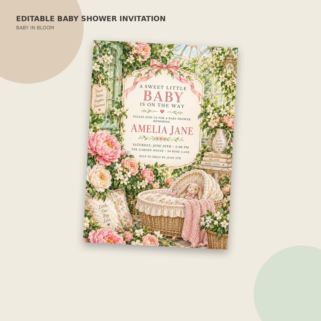 The image is an editable baby shower invitation featuring a floral design with a baby in a basket, surrounded by flowers and greenery.
