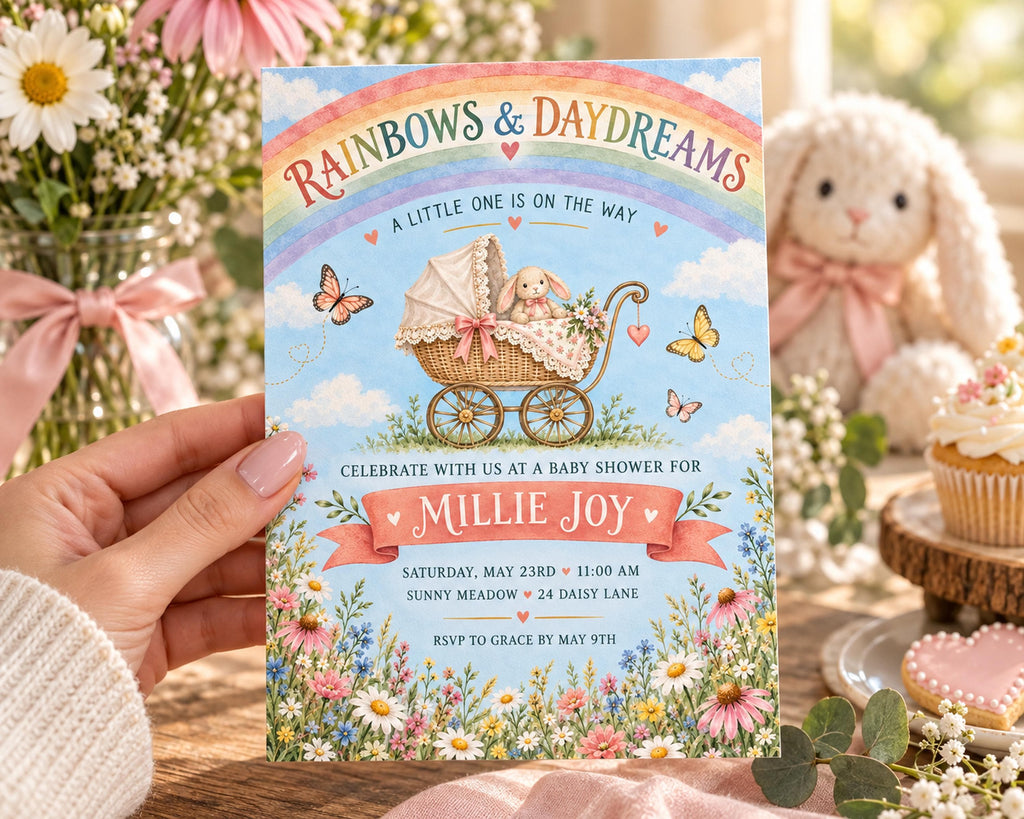 A hand holding a colorful baby shower invitation with a baby carriage and flowers, with a stuffed bunny rabbit in the background.