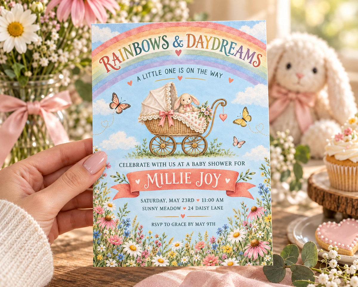 A hand holding a colorful baby shower invitation with a baby carriage and flowers, with a stuffed bunny rabbit in the background.