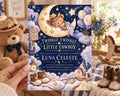 a hand holding a baby shower invitation for a baby named Luna Celeste. The invitation has a night sky theme with stars, a crescent moon, and a teddy bear. The text on the invitation reads "Twinkle Twinkle Little Cowboy" and "Please join us for a baby shower honoring Luna Celeste".
