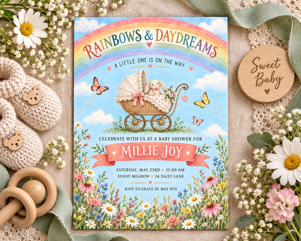 The image is a colorful invitation for a baby shower, featuring a baby carriage, flowers, and a rainbow.