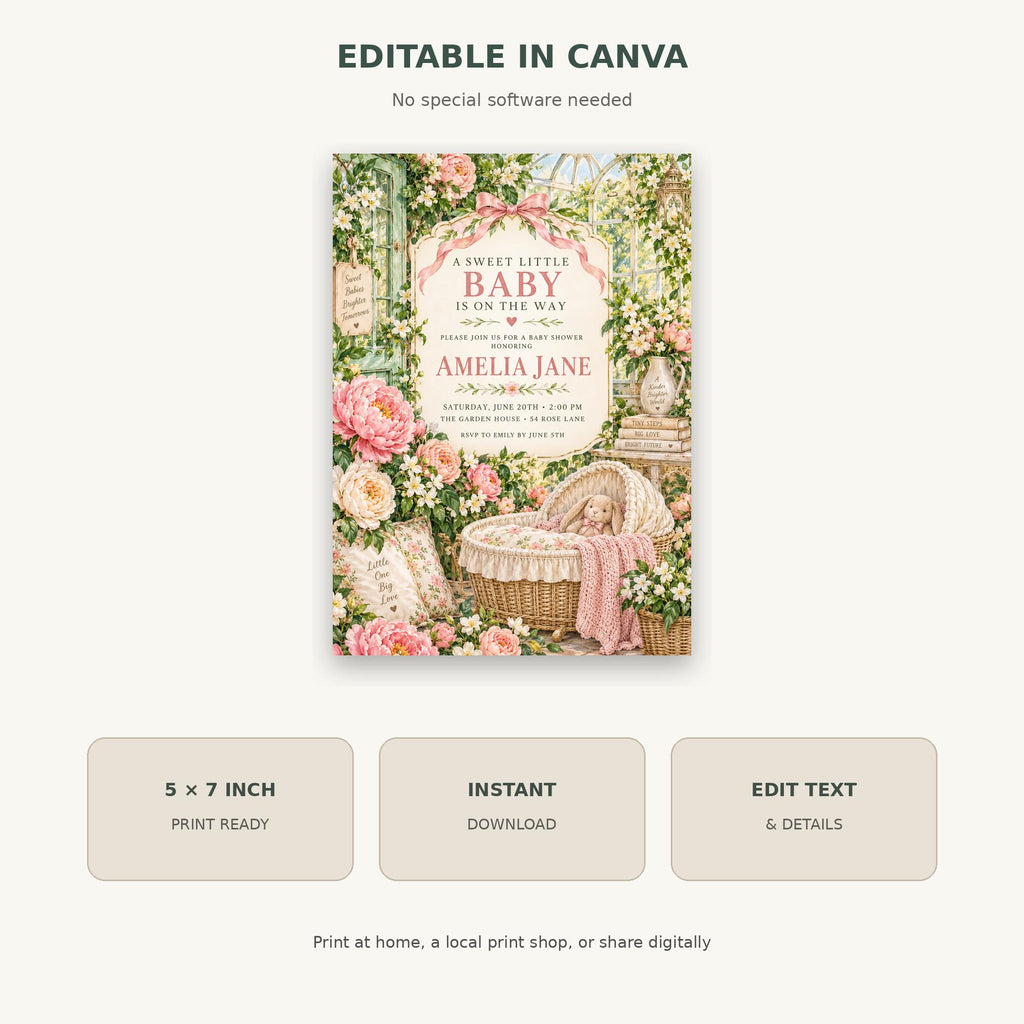 The image is a digital print of a baby shower invitation featuring a floral design with a baby in a basket.