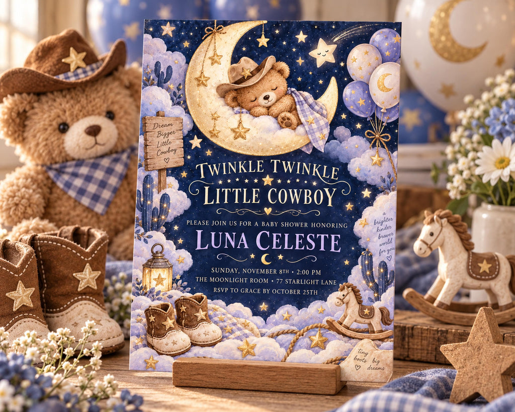 The image is a baby shower invitation featuring a teddy bear, a rocking horse, and various baby-related items, all set against a night sky background with stars and a crescent moon.