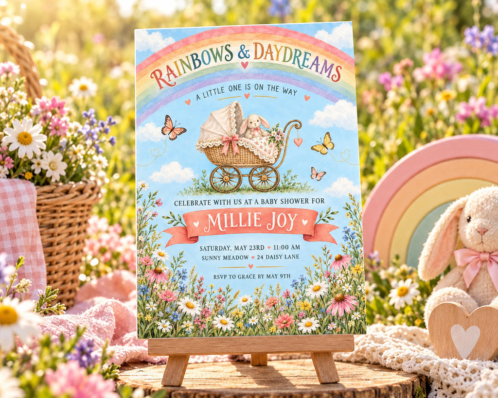 A colorful baby shower invitation featuring a baby carriage, flowers, and butterflies, with the text "Rainbows & Daydreams" and "A little one is on the way" along with details about the event.