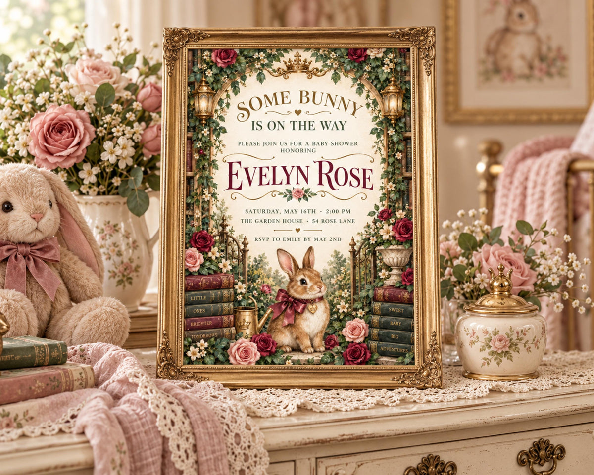 a framed baby shower invitation with a bunny theme, surrounded by pink flowers and a teddy bear.