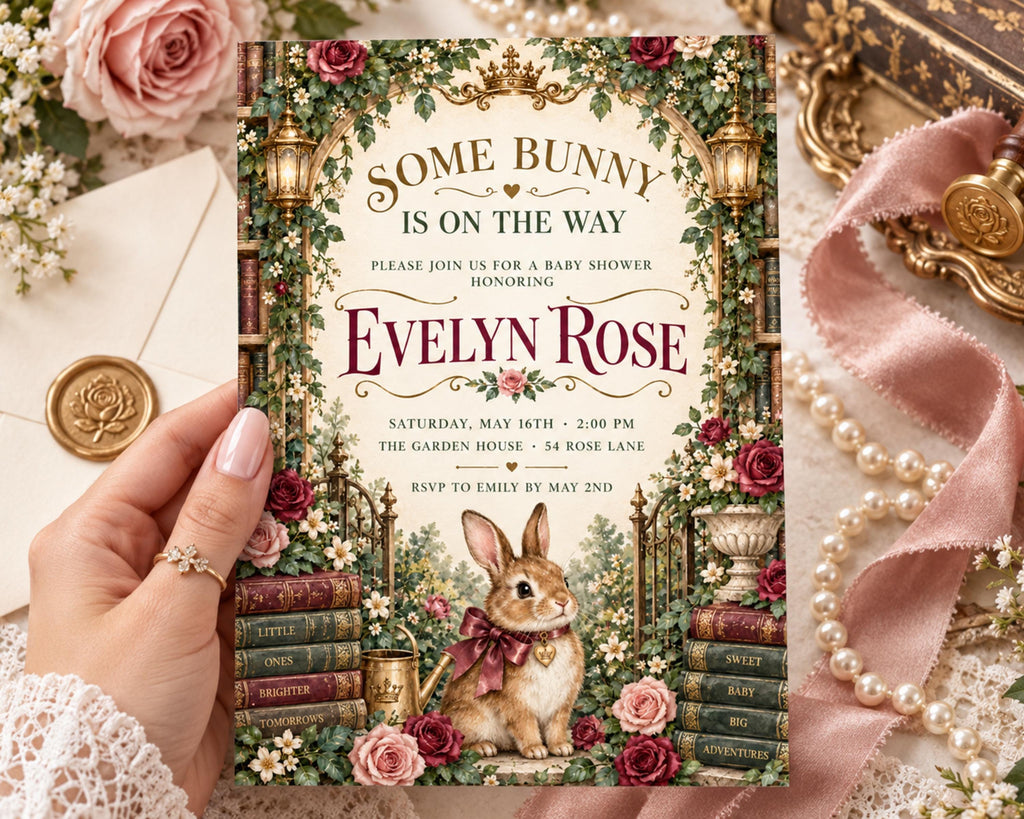 a hand holding a baby shower invitation with a rabbit and floral design.