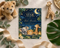 A wildlife-themed baby shower invitation featuring a lion, giraffe, and elephant, with a night sky and stars, surrounded by greenery and a ribbon.