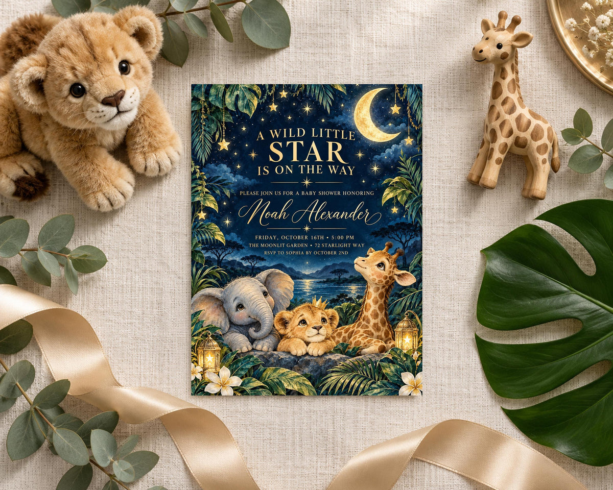 A wildlife-themed baby shower invitation featuring a lion, giraffe, and elephant, with a night sky and stars, surrounded by greenery and a ribbon.
