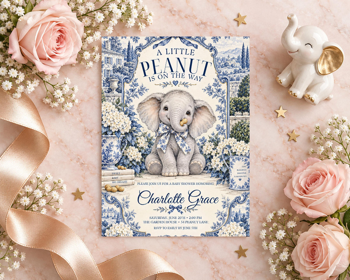 a baby shower invitation with a cute elephant illustration, surrounded by pink roses and gold stars.