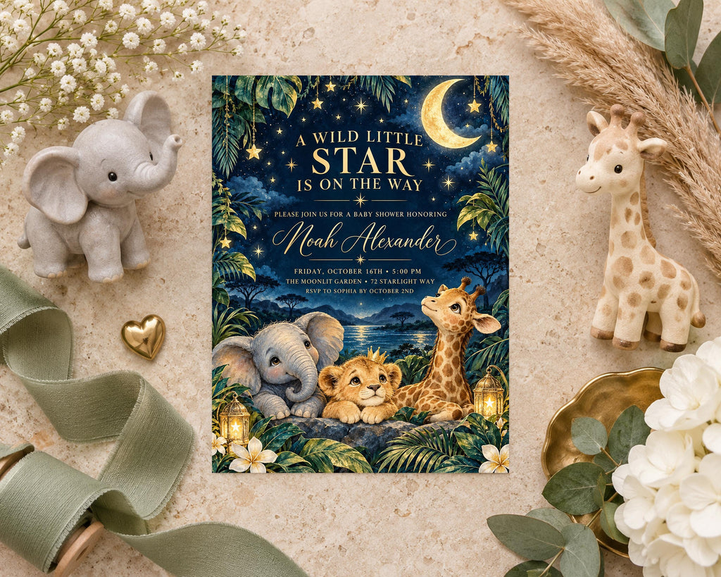 A baby shower invitation featuring a night sky with stars and a crescent moon, surrounded by plush toys and flowers.