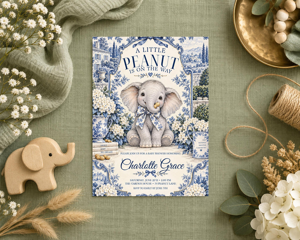 a baby announcement card with a baby elephant illustration, surrounded by various decorative elements such as flowers, a wooden elephant, and a bowl.
