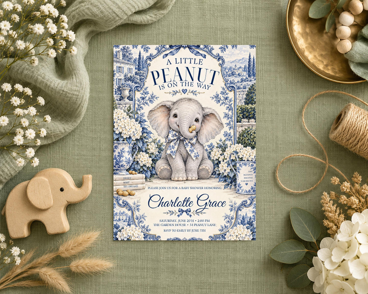 a baby announcement card with a baby elephant illustration, surrounded by various decorative elements such as flowers, a wooden elephant, and a bowl.