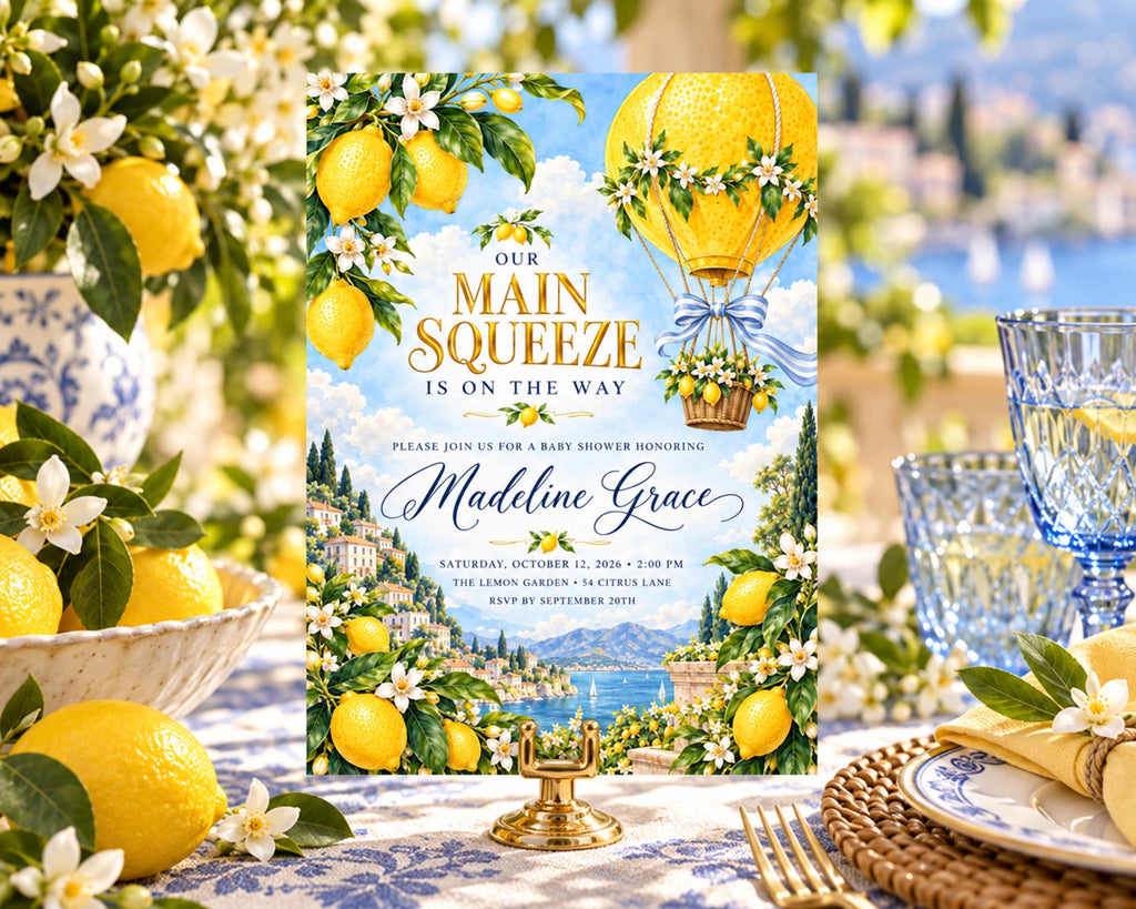The image is a lemon-themed baby shower invitation featuring a hot air balloon, lemons, and a scenic view of the lemon garden.
