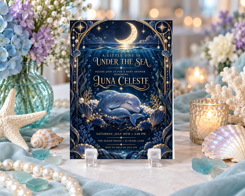 a blue and gold invitation card for a baby shower, with a night sky theme, featuring a dolphin and seashells. The card is surrounded by various decorative elements, such as flowers, pearls, and starfish, creating a serene and ocean-inspired atmosphere.