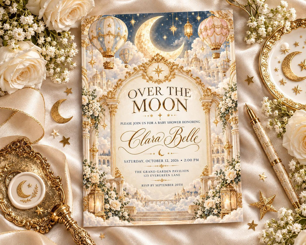 a beautifully designed invitation card for a baby shower, adorned with a moon and star theme, surrounded by elegant floral arrangements and other decorative elements.