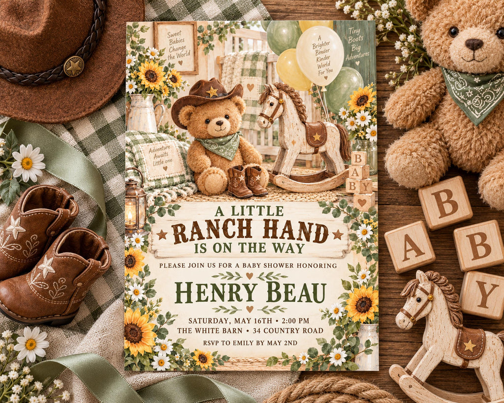 The image is a baby shower invitation featuring a rustic theme with a teddy bear, cowboy hat, rocking horse, and other baby-related items.
