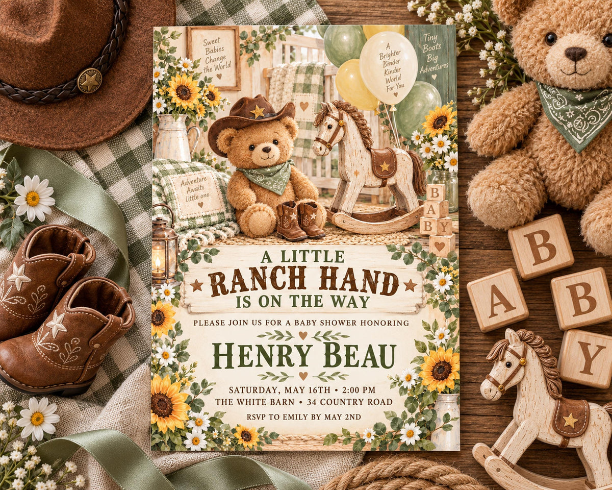 The image is a baby shower invitation featuring a rustic theme with a teddy bear, cowboy hat, rocking horse, and other baby-related items.