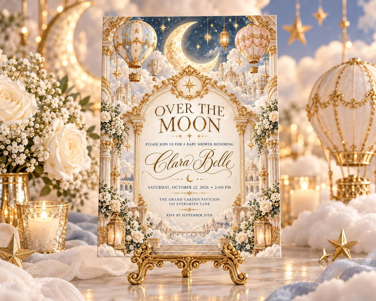 The image is a beautifully designed baby shower invitation featuring a moon and star theme, with a gold and white color scheme. The invitation is displayed on a gold stand, surrounded by decorative elements such as flowers, balloons, and stars, creating a festive and elegant atmosphere.