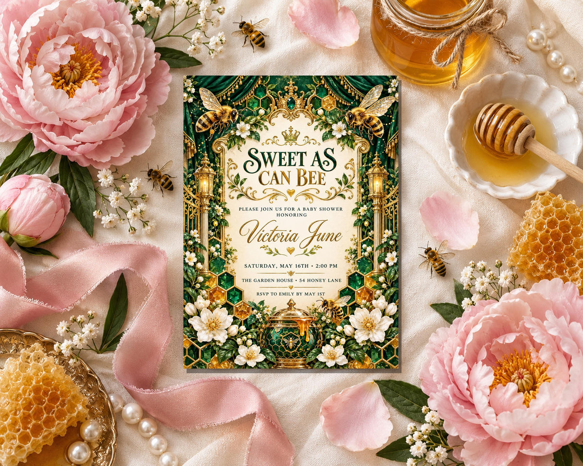 a wedding invitation with a floral design, surrounded by various decorative elements such as honeycombs, flowers, and a honey dipper.