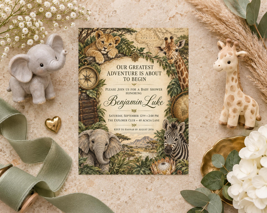 a baby shower invitation with a jungle theme, surrounded by various decorative elements such as stuffed animals, flowers, and a ribbon.