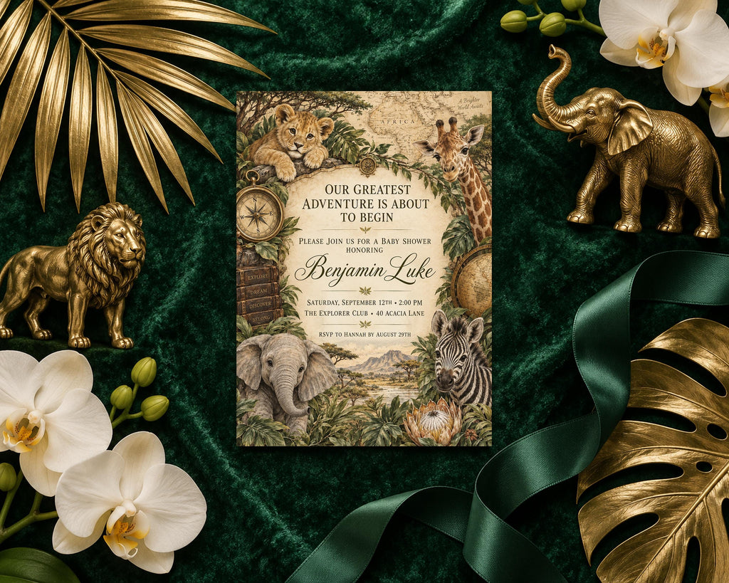 a jungle-themed invitation card with illustrations of various animals, including an elephant, lion, giraffe, and zebra, surrounded by tropical foliage and flowers. The card is placed on a green velvet background, with gold leaves and orchids surrounding it.