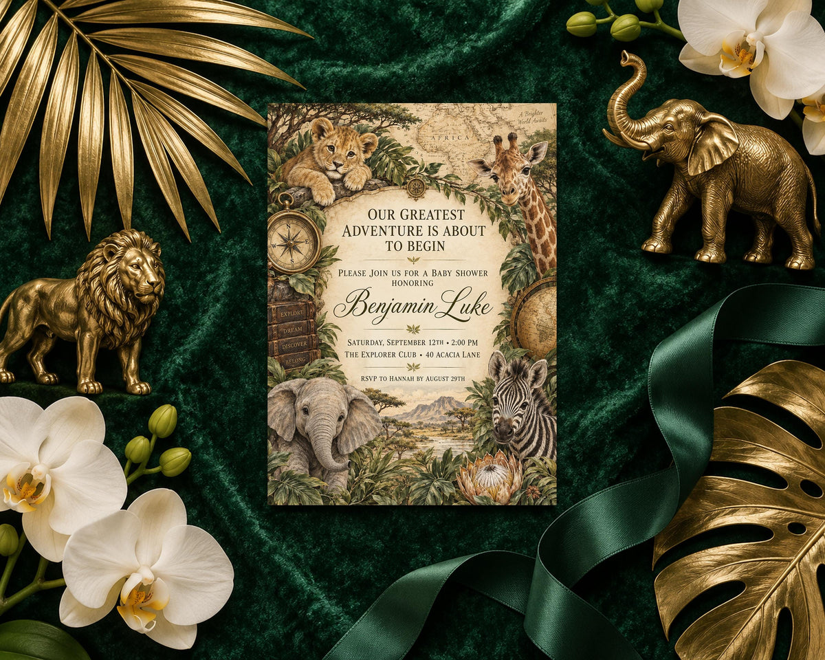 a jungle-themed invitation card with illustrations of various animals, including an elephant, lion, giraffe, and zebra, surrounded by tropical foliage and flowers. The card is placed on a green velvet background, with gold leaves and orchids surrounding it.