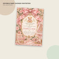 The image is an editable baby shower invitation featuring a pink and gold color scheme with a teddy bear, flowers, and a baby shower theme.