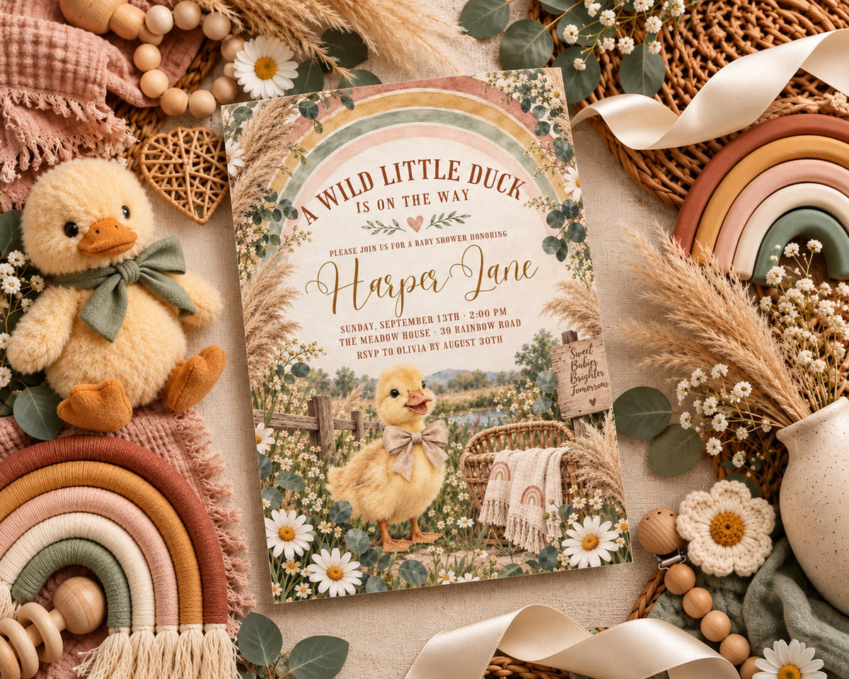 A wild little duck invitation for Harper Jane's baby shower, featuring illustrations of ducks, flowers, and a rainbow.