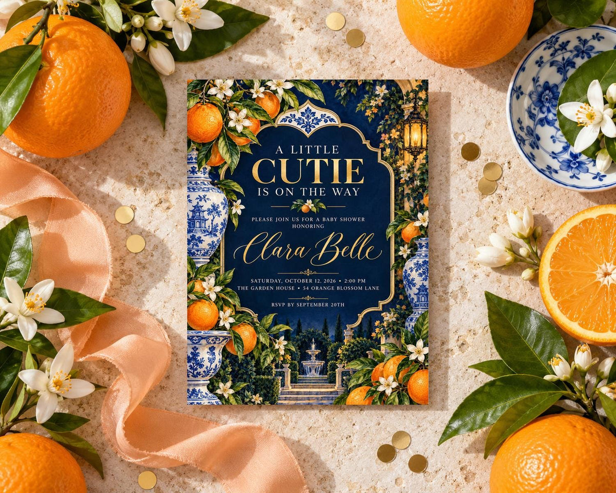 a baby shower invitation with a blue and white color scheme, surrounded by oranges, flowers, and a decorative ribbon.