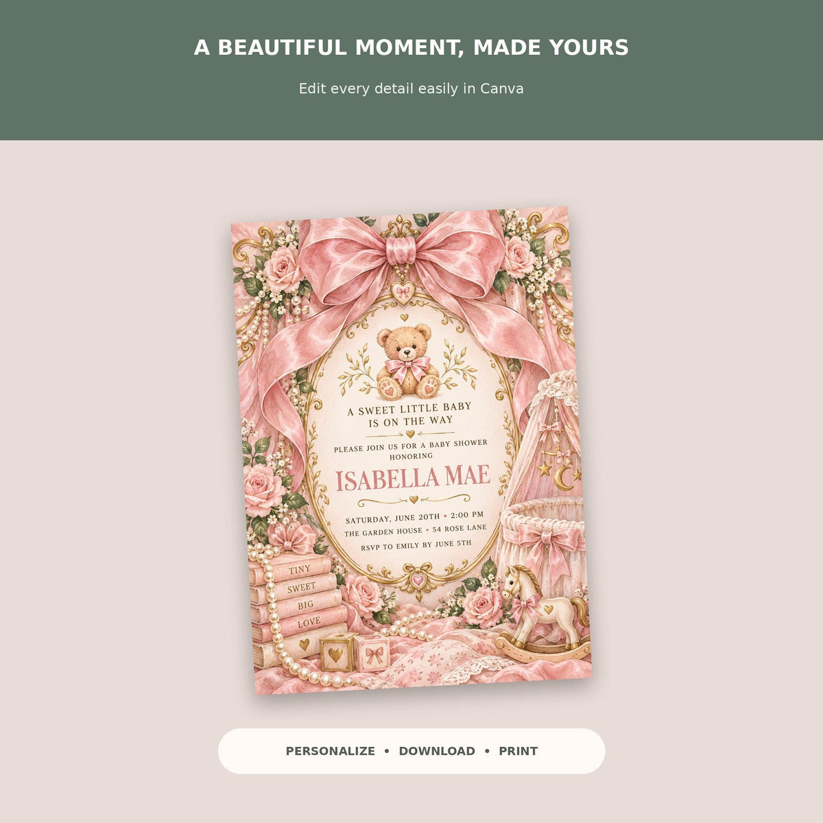 The image is a pink and gold baby shower invitation featuring a teddy bear, flowers, and a castle.