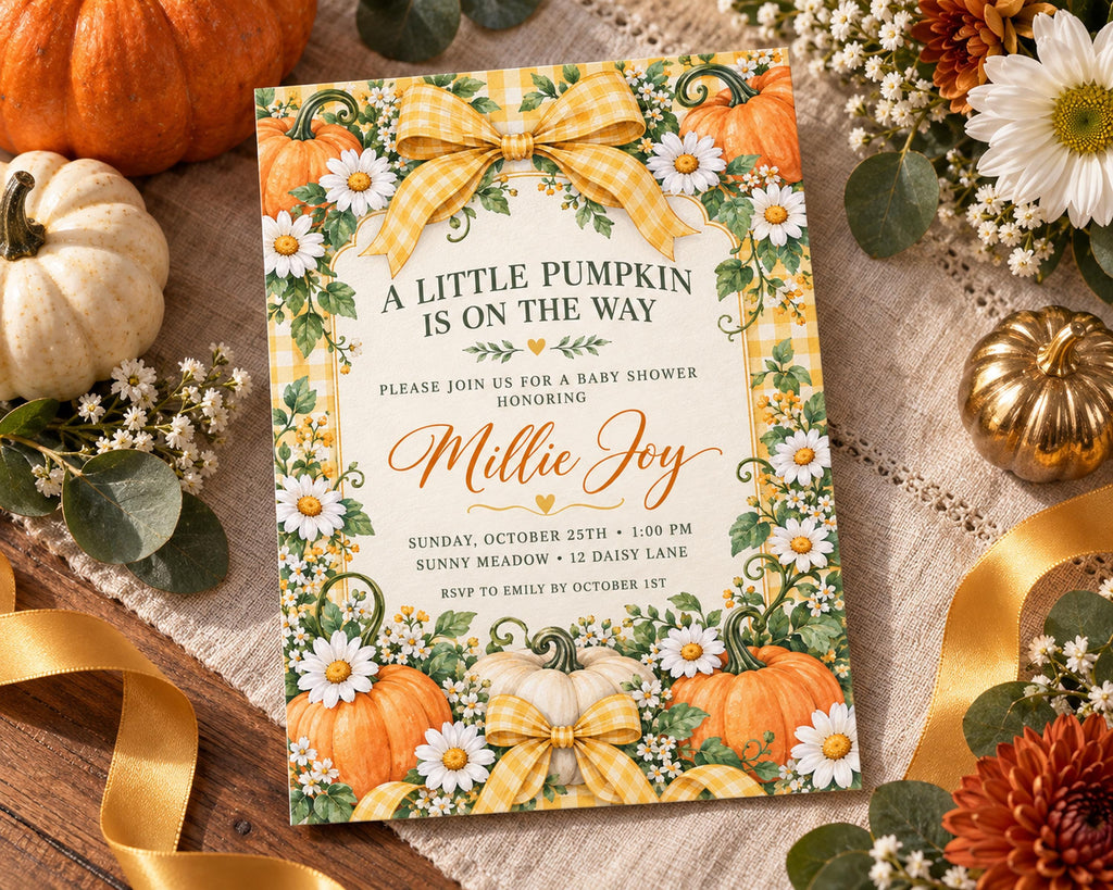 A baby shower invitation featuring a pumpkin theme, with a yellow and white plaid border, surrounded by autumn flowers and pumpkins.