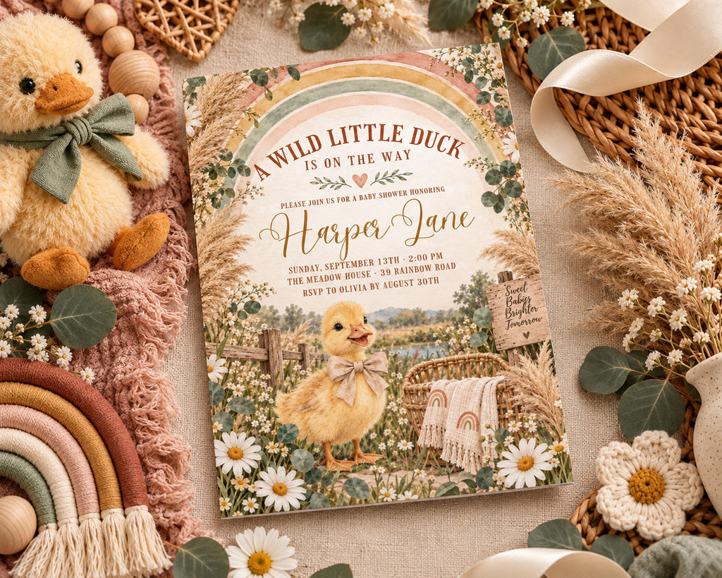 A wild little duck invitation card with a baby shower theme, featuring a baby duck surrounded by flowers and a rainbow.