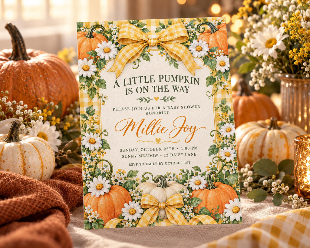 A baby shower invitation with a pumpkin and flower design, surrounded by pumpkins, flowers, and a cozy autumn atmosphere.