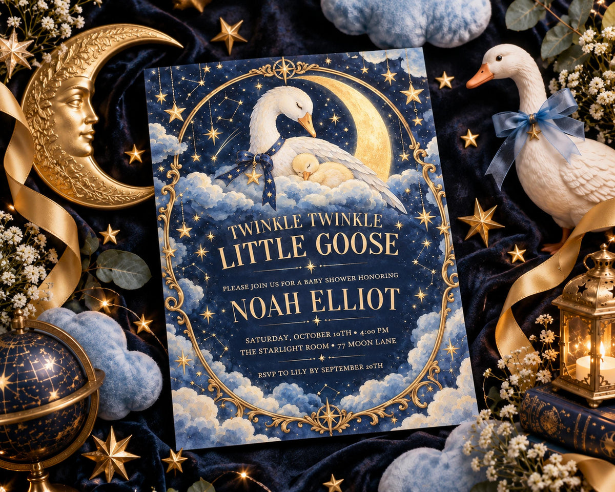 a baby shower invitation for Noah Elliot, with a moon and stars theme, surrounded by decorative elements such as a crescent moon, stars, and a lantern.