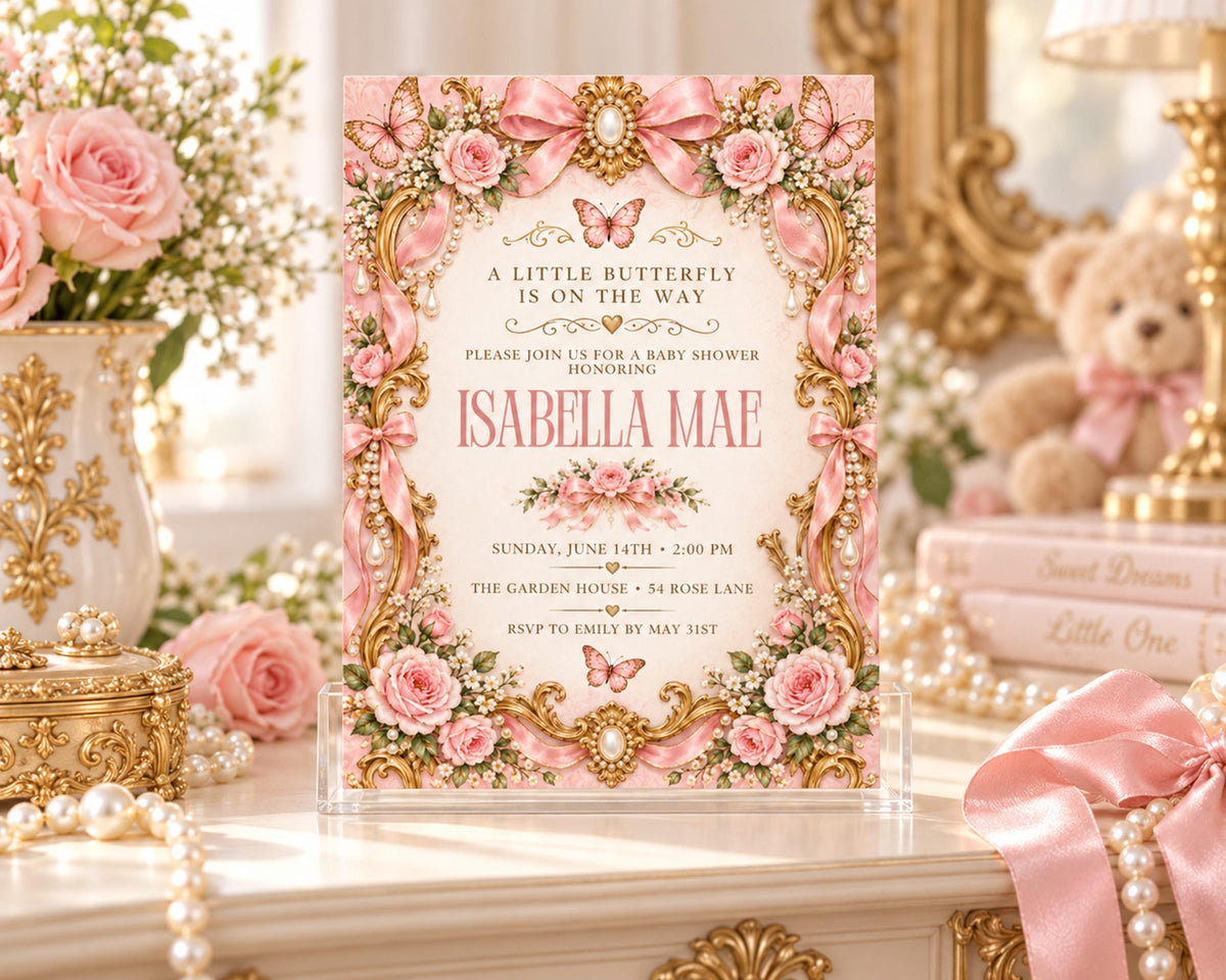 A pink and gold baby shower invitation for a baby shower for a girl named Isabella Mae, with a teddy bear and flowers in the background.