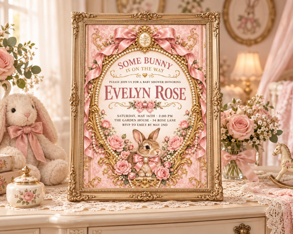 a pink and gold framed baby shower invitation for a baby named Evelyn Rose, with a pink bunny and flowers as the central design elements.