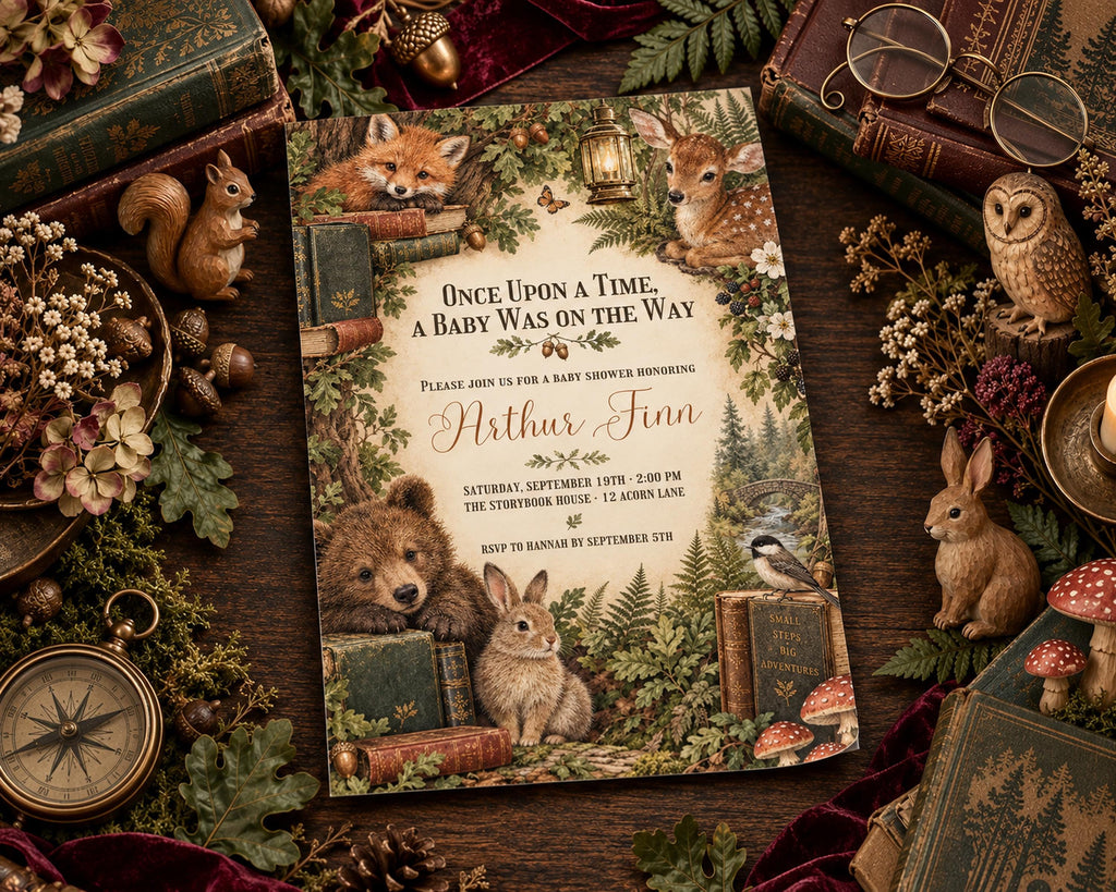 The image is a baby shower invitation featuring a forest theme with illustrations of animals and books.