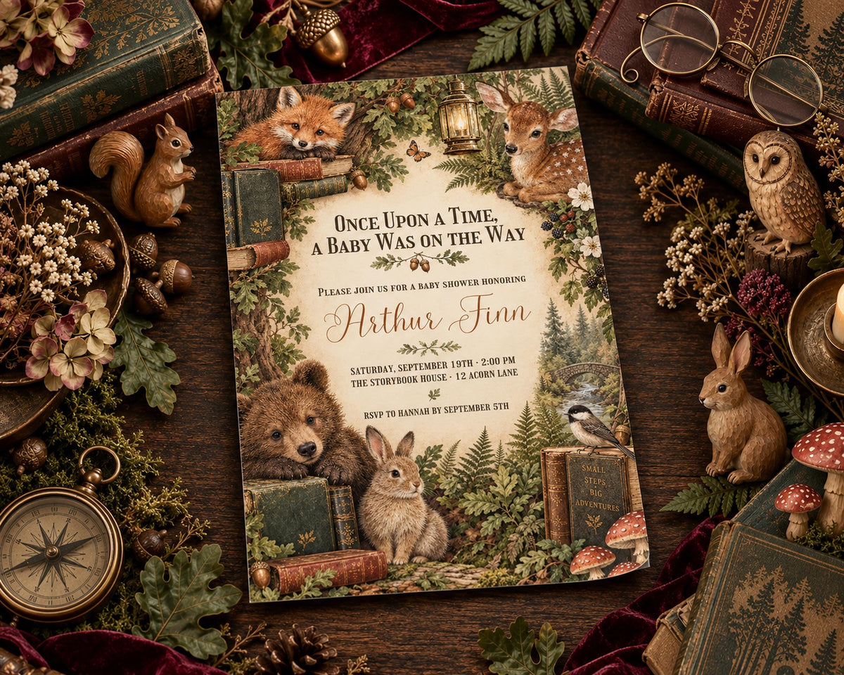 The image is a baby shower invitation featuring a forest theme with illustrations of animals and books.