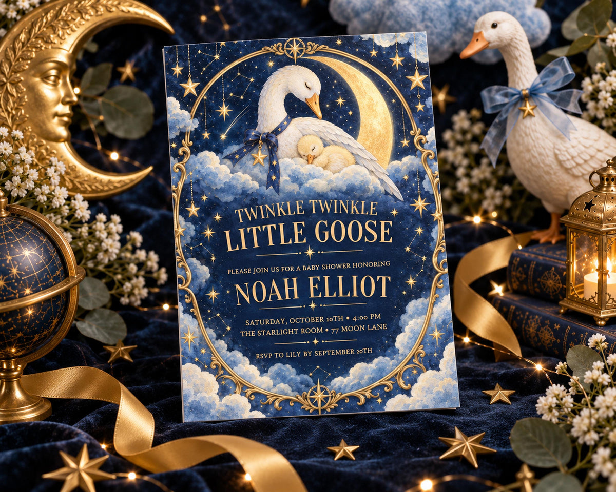 a baby shower invitation for Noah Elliot, with a moon and starry night theme. The invitation is surrounded by decorative elements such as a crescent moon, stars, and a golden globe.