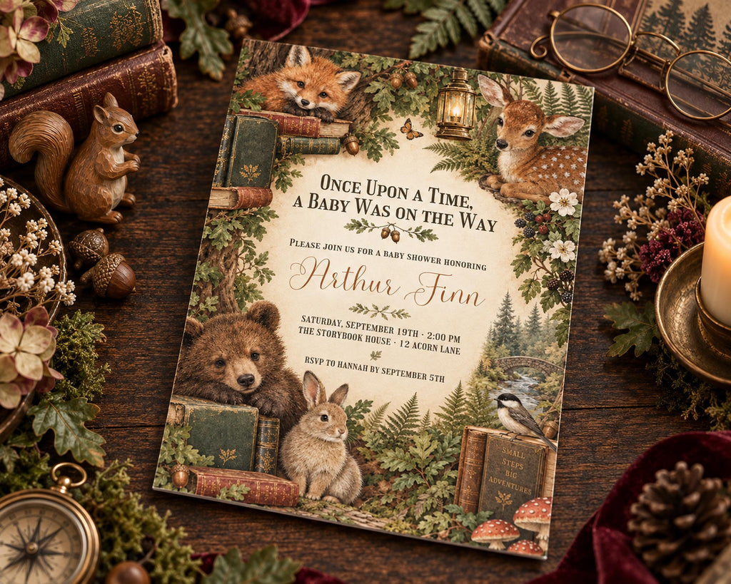 a baby shower invitation with a forest theme, including illustrations of animals such as a bear, rabbit, and deer. The invitation is surrounded by various decorative items, such as books, pine cones, and a compass, creating a cozy and festive atmosphere.
