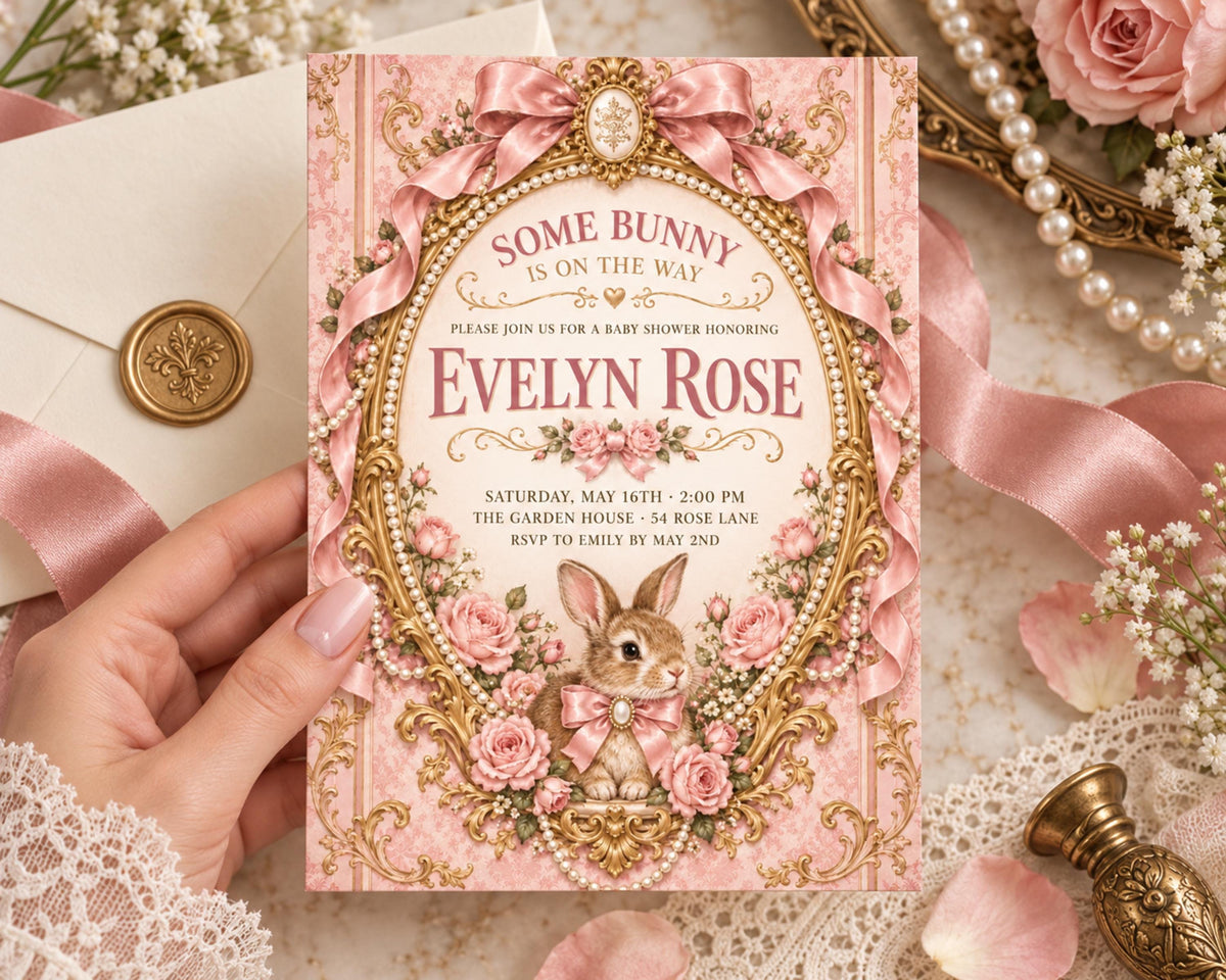 a hand holding a pink and gold invitation card with a rabbit illustration, surrounded by decorative elements such as pearls, lace, and roses.