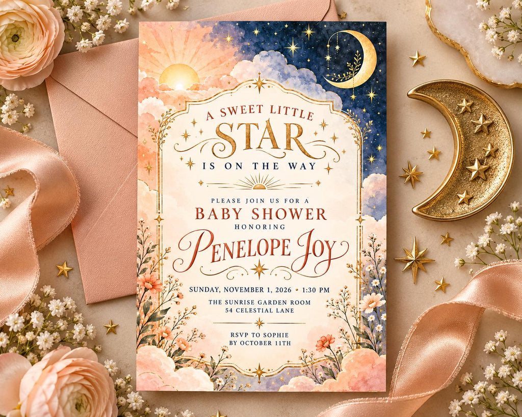 The image is a baby shower invitation featuring a night sky and stars theme, with a pink and gold color scheme.